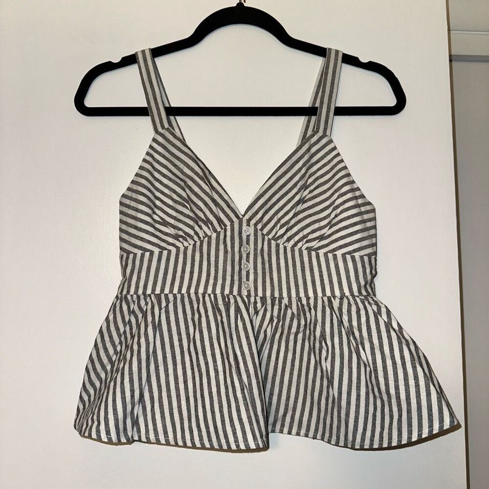 Good Luck Gem Nordstrom Peplum Button Tank Black Ivory Stripe Small NWT